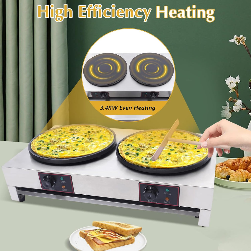 Crepe Maker, Commercial Electric Crepe Maker Machine, Non-Stick Electric Burner Griddle, 2-Burner Crepe-Making Table Stove, 110v Pancake Baking Machine, Kitchen Pancake Rake
