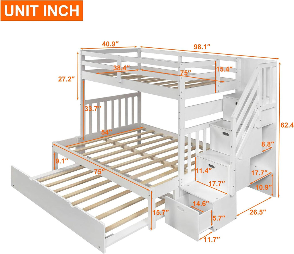 Harper & Bright Designs Stairway Twin Over Full Bunk Bed with Twin Size Trundle and Drawers, Solid Wood Bunk Bed Staircase Can be Placed on The Left or Right Side (White)