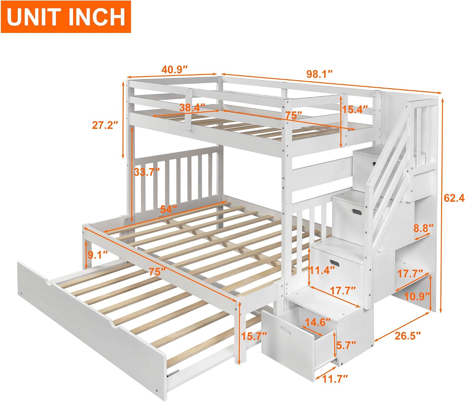 Harper & Bright Designs Stairway Twin Over Full Bunk Bed with Twin Size Trundle and Drawers, Solid Wood Bunk Bed Staircase Can be Placed on The Left or Right Side (White)