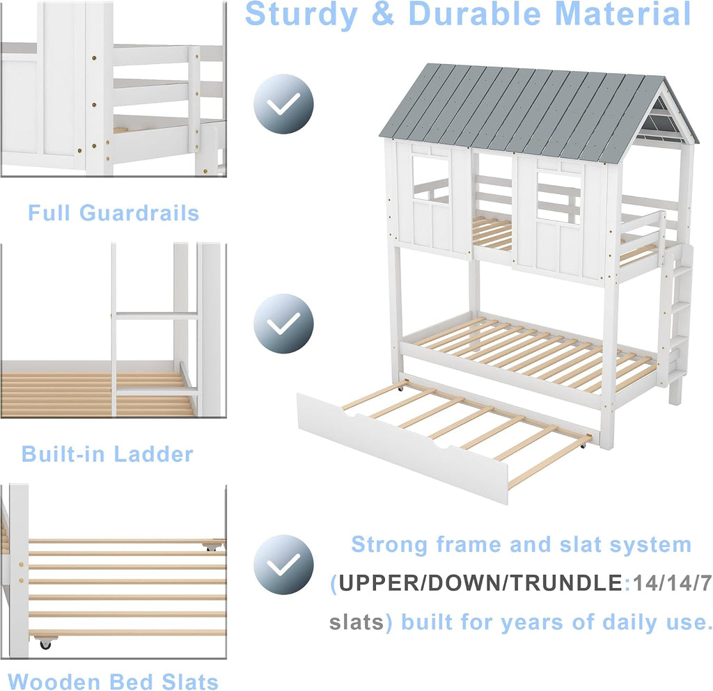 Polibi Twin-Over-Twin House Bunk Bed with Trundle, Twin Size Wooden House Bunk Bed with Roof, Windows, Ladder and Guardrails