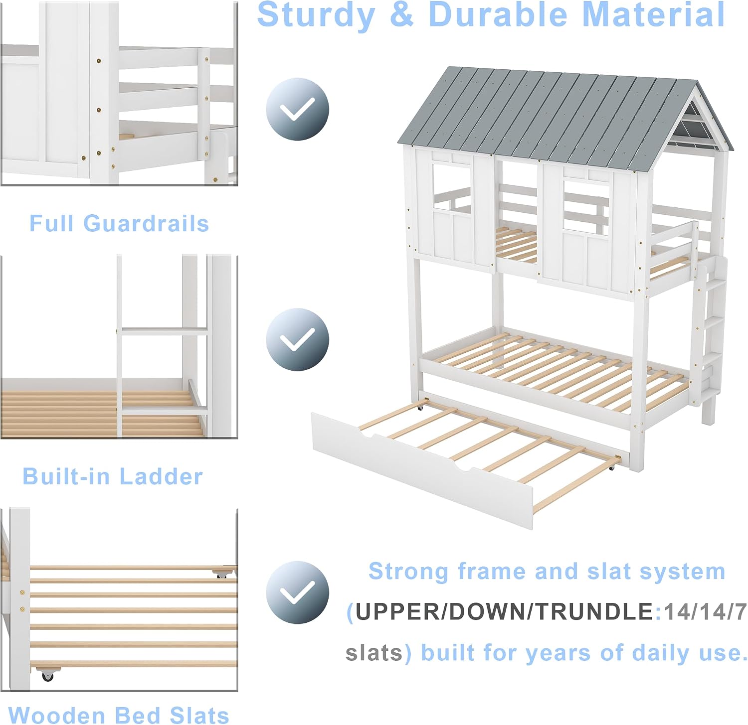 Polibi Twin-Over-Twin House Bunk Bed with Trundle, Twin Size Wooden House Bunk Bed with Roof, Windows, Ladder and Guardrails