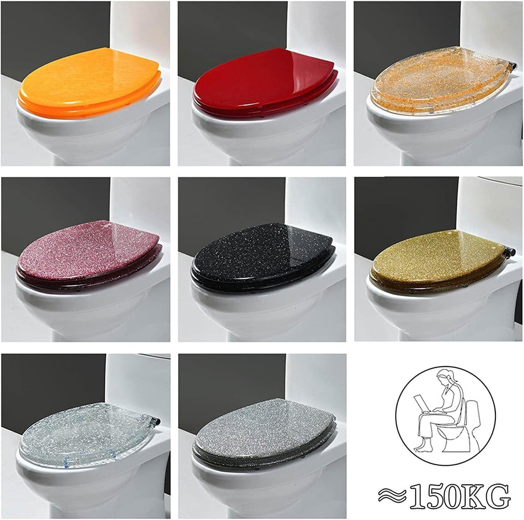 Glitter Resin Toilet Seat, Toilet Seat Cover Round, Easy Installation and Cleaning, Soft Close and Sands for U/V/O Type Toilet, 16.5 Inches,E