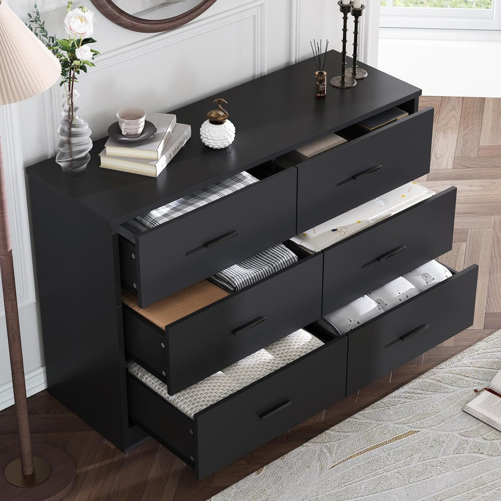 LIDYUK Black Dresser for Bedroom, 6 Drawer Dressers & Chests of Drawers, Modern Wood Dresser, 48 Inches Wide Chest of Drawers for Bedroom, Hallway, Living Room