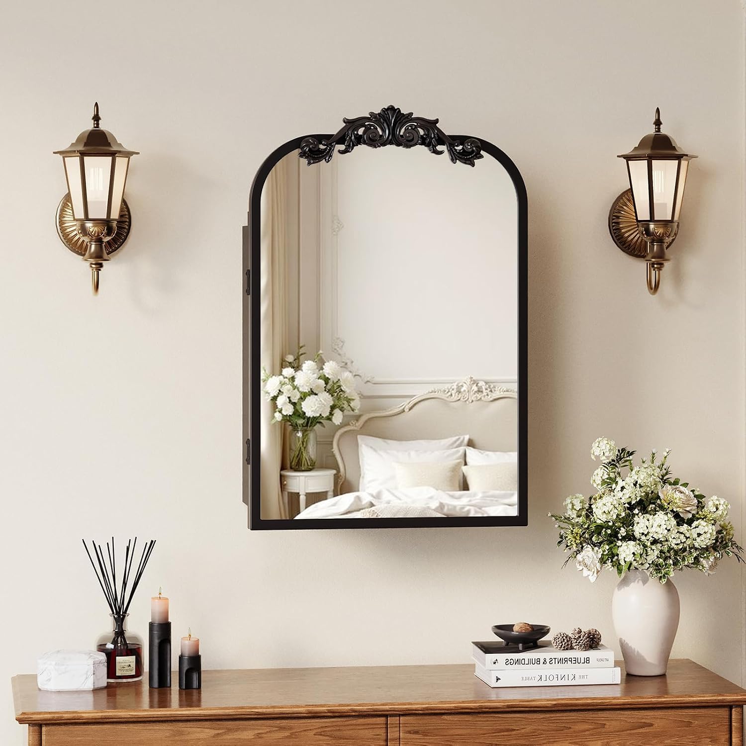 16x24 Inch Bathroom Medicine Cabinet with Mirror, Recessed or Surface Mount, Sturdy, Durable & Easy Installation, Vintage Metal Frame(Black)