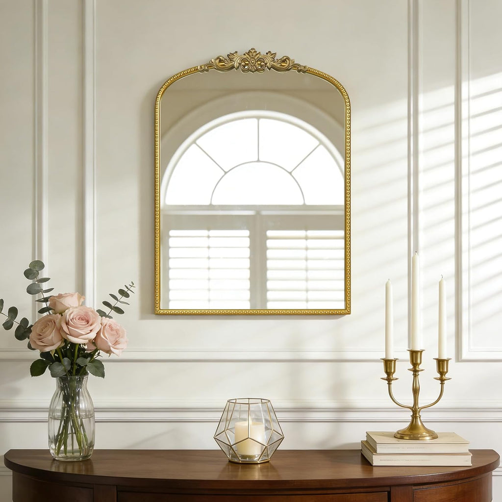 WallBeyond Gold Vintage Mirror for Vanity 22x30 Inch, Gold Antique Mirror with Ornate Frame, Arched Vintage Wall for Bathroom, Living Room, Fireplace, Entryway