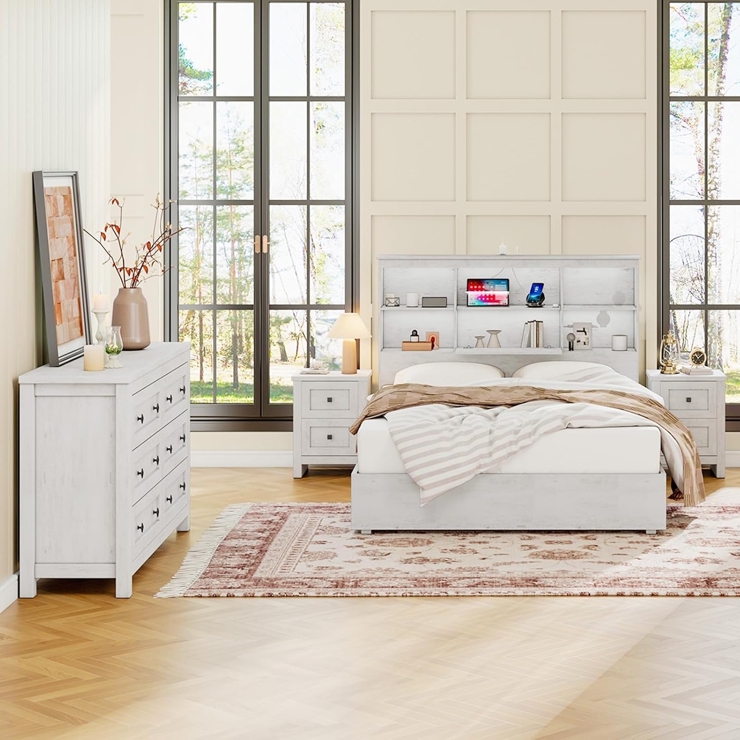 LUXOAK Bedroom Dresser and Nightstand 3 Piece Set, 1 X Wood Rustic 6 Drawer Storage Dresser, 2 X Farmhouse Nightstand with Charging Station, Farmhouse Bedroom Furniture Set, Rustic White