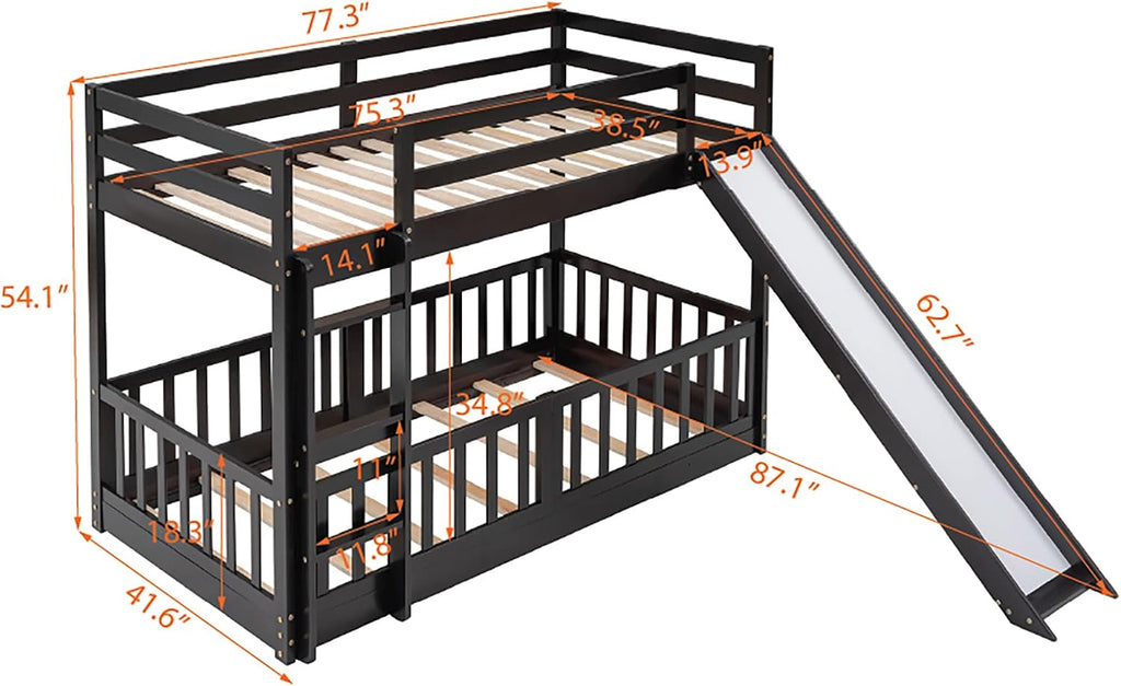 Bellemave Kids Bunk Beds with Slide, Twin Over Twin Bunk Beds with Ladder for Boys Girls, 3 Assembly Methods, Espresso