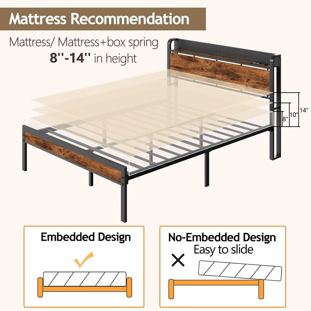 Furnulem Full Size Bed Frame with Storage Headboard, Industrial Platform Bed with Charging Station and LED Lights, Heavy Duty Metal Slats, No Box Spring Need, Noise Free