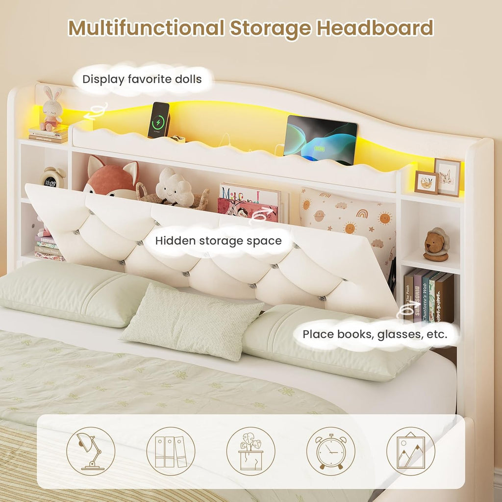 DICTAC Full Size Bed Frame for Kids with 4 Storage Drawers, Bookcase Headboard, LED Lights and Power Outlets, Diamond Tufted Velvet Upholstered Princess Platform Bed, Heavy-Duty Metal Support, Beige