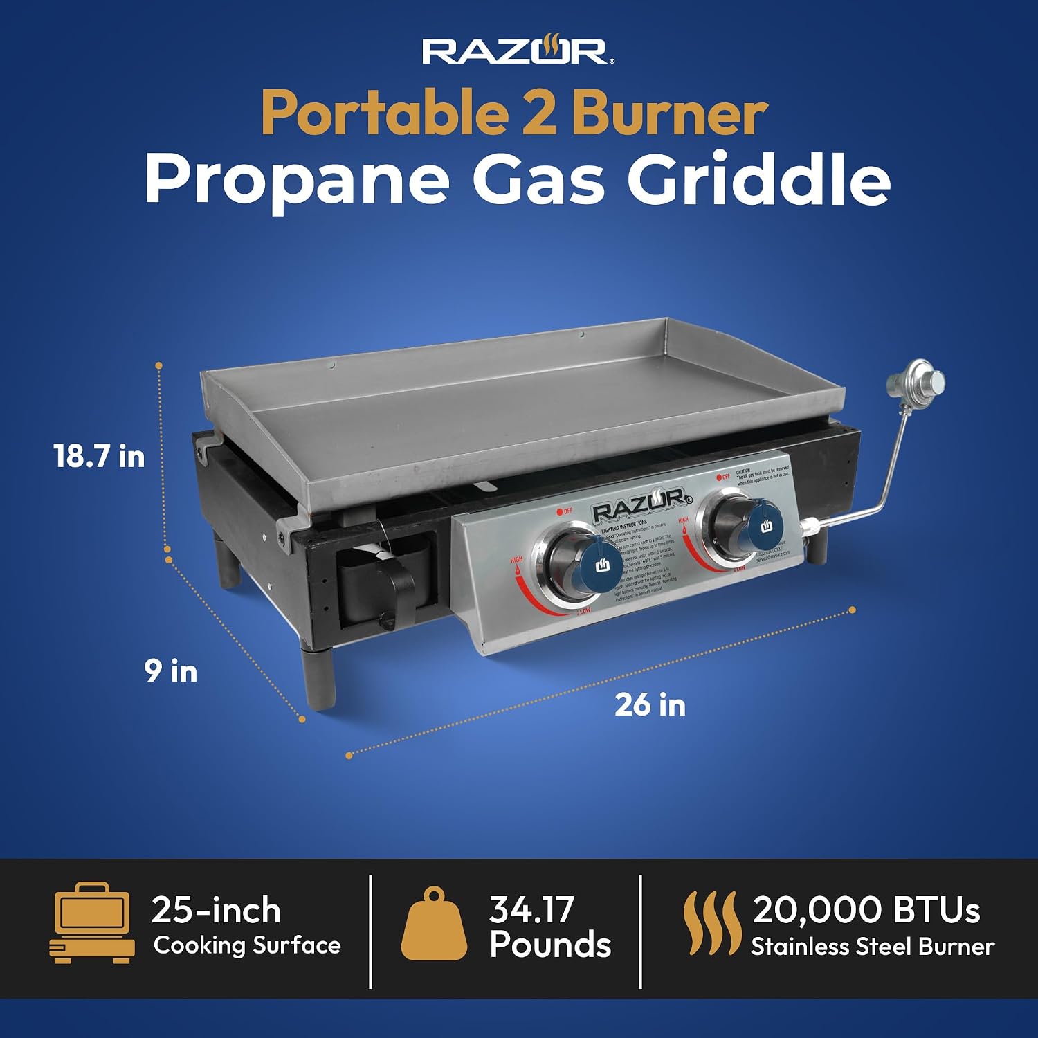 Razor Griddle GGT2130M 25 Inch Outdoor 2 Burner Portable LP Propane Gas Grill Griddle with 318 Square Inch for BBQ Cooking and Frying, Black (Steel)