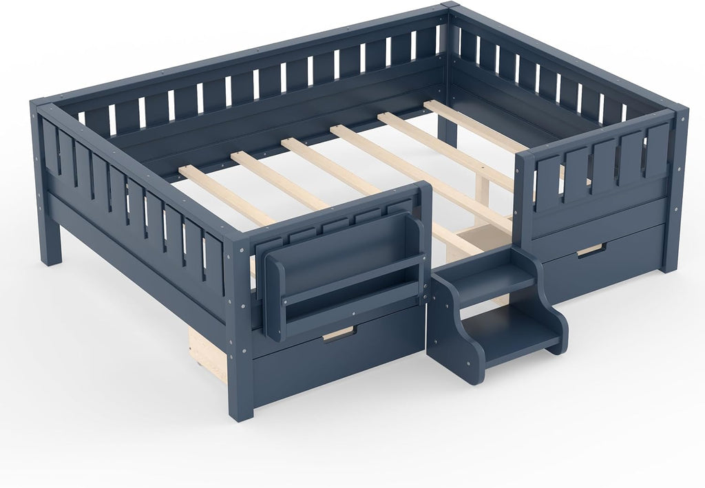 Bellemave Full Floor Bed with Stairs, Rails and Slats, Full Size Montessori Floor Bed with Bookshelf and 2 Storage Drawers, Easy Assemble Montessori Beds Frame for Girls, Boys, Blue