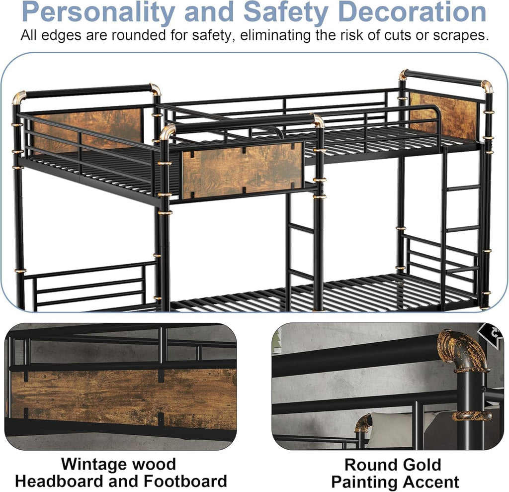 Quad Bunk Bed for 4, Metal L-Shaped Bunk Bed Frame, Industrial Twin 4 Bunk Beds for Kids, Detachable 4 Bunk Beds with Comfort Rungs for Teens Girls Boys，Black