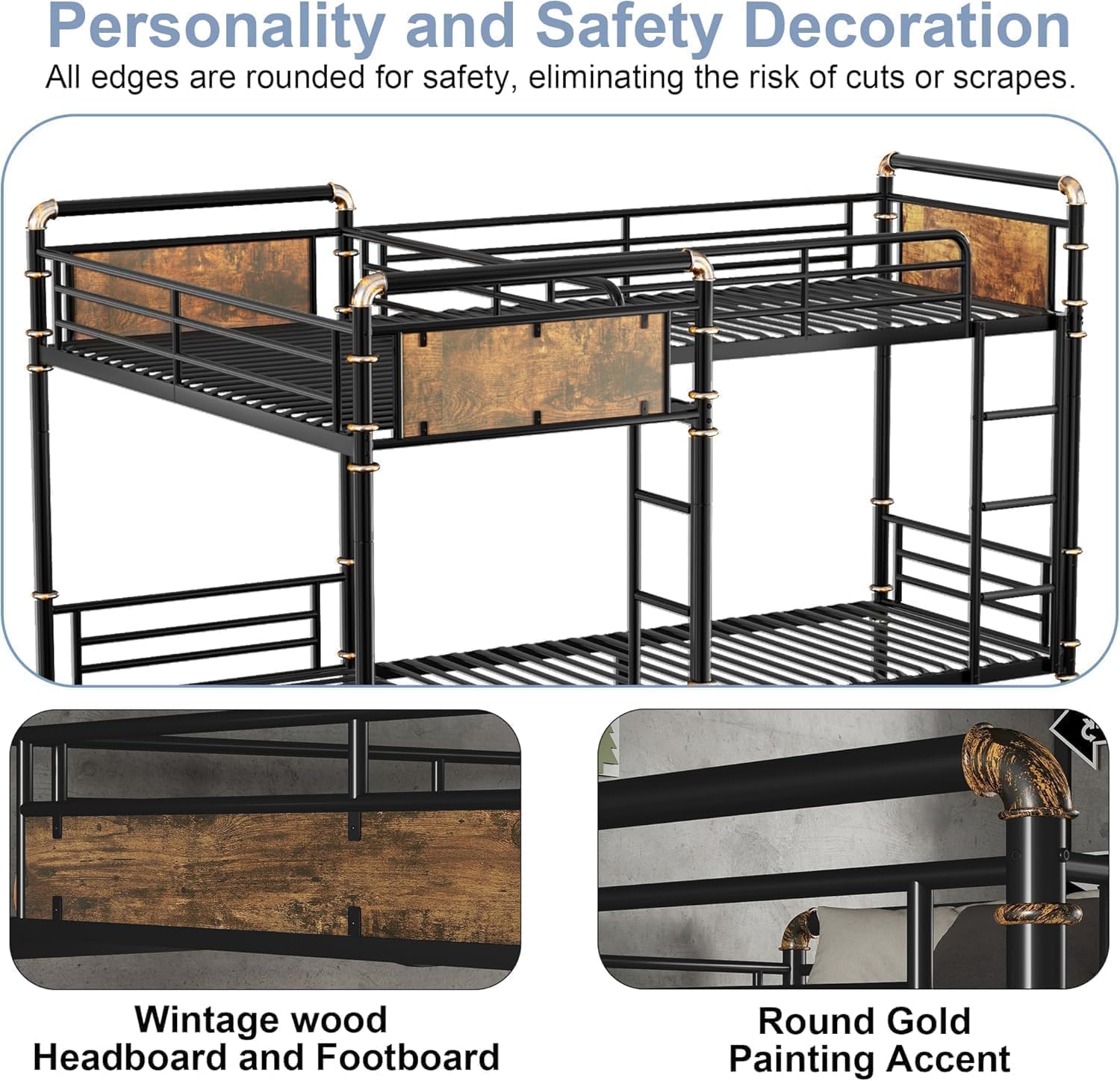 Quad Bunk Bed for 4, Metal L-Shaped Bunk Bed Frame, Industrial Twin 4 Bunk Beds for Kids, Detachable 4 Bunk Beds with Comfort Rungs for Teens Girls Boys，Black