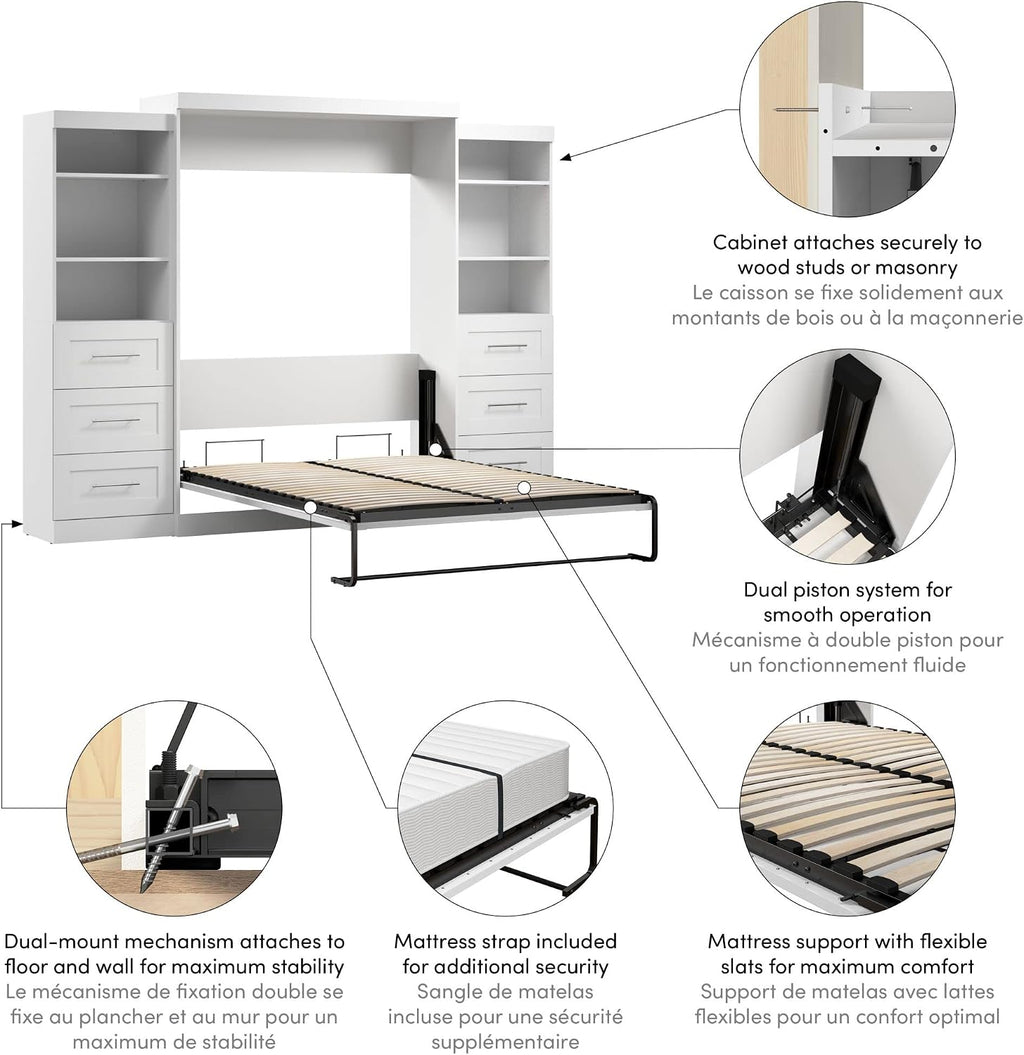 Bestar Pur Queen Murphy Bed and 2 Shelving Units with Drawers, 115-inch Space-Saving Sleeping Arrangement for Multipurpose Area, Bedroom, Guest Room, or Living Room