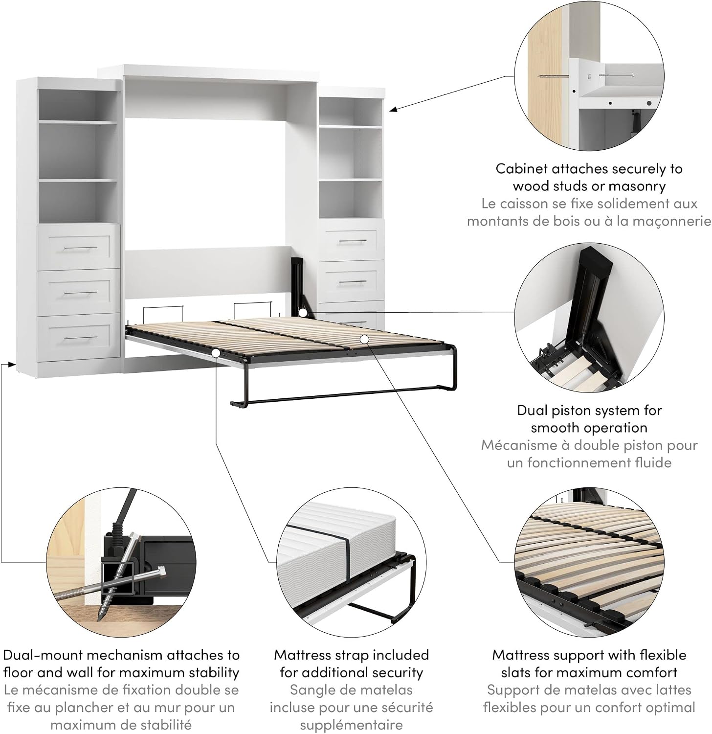 Bestar Pur Queen Murphy Bed and 2 Shelving Units with Drawers, 115-inch Space-Saving Sleeping Arrangement for Multipurpose Area, Bedroom, Guest Room, or Living Room