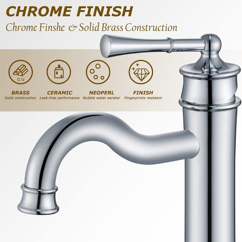 Vessel Sink Faucet Chrome Bathroom Tall Faucet Single Hole Deck-Mount Pop up Drain Assembly Without Overflow Water Supply Lines Included