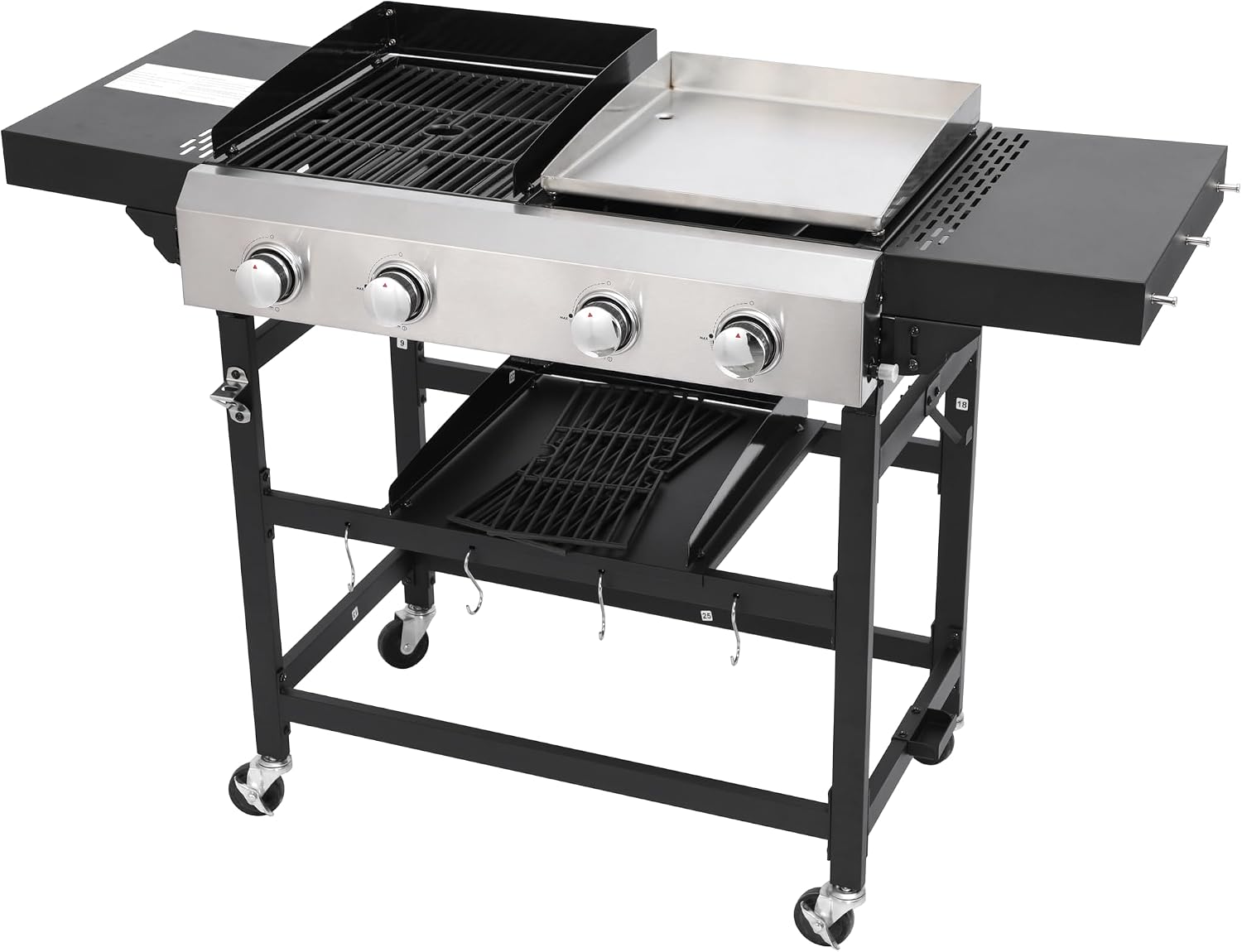 2-in-1 Propane Griddle and Grill Combo, 38,200 BTU 4-Burner Gas BBQ with Stainless Steel Cooking Surface & 2 Foldable Side Tables, Portable Outdoor Cookstation for Camping, Patio, and Backyard