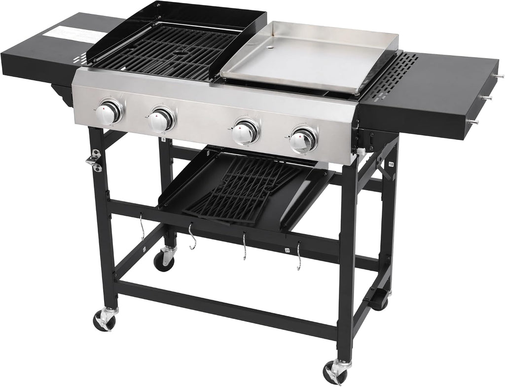 4 Burner Propane Grill and Griddle Combo 38200 BTU 2-in-1 Outdoor Cookstation with Stainless Steel Surface and Foldable Side Tables for Patio Backyard Camping