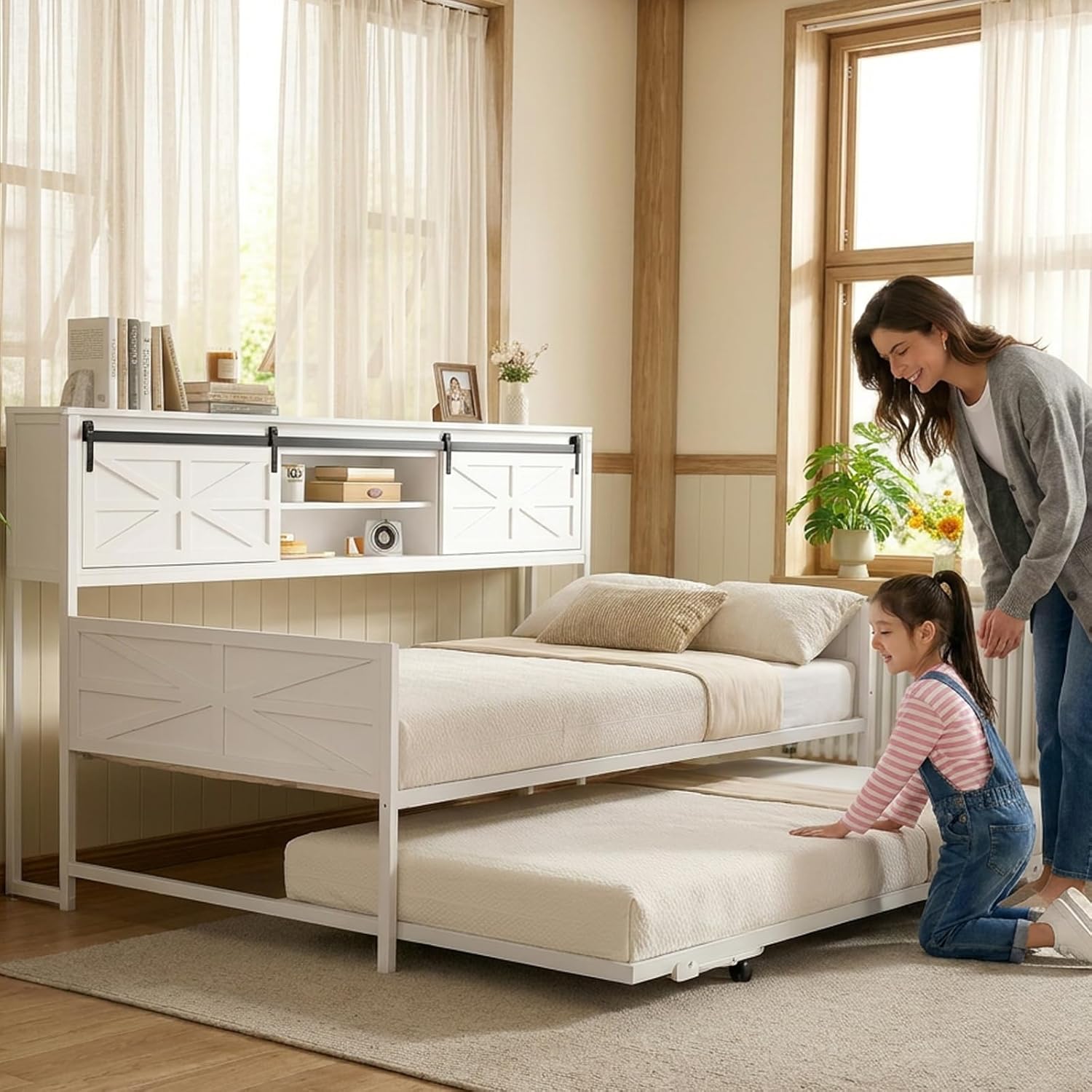 Homieasy Farmhouse Twin Daybed with Pop-Up Trundle, Metal Trundle Bed Frame with Bookcase Headboard, Charging Station & Barn Door Storage for Bedroom & Guest Room, White