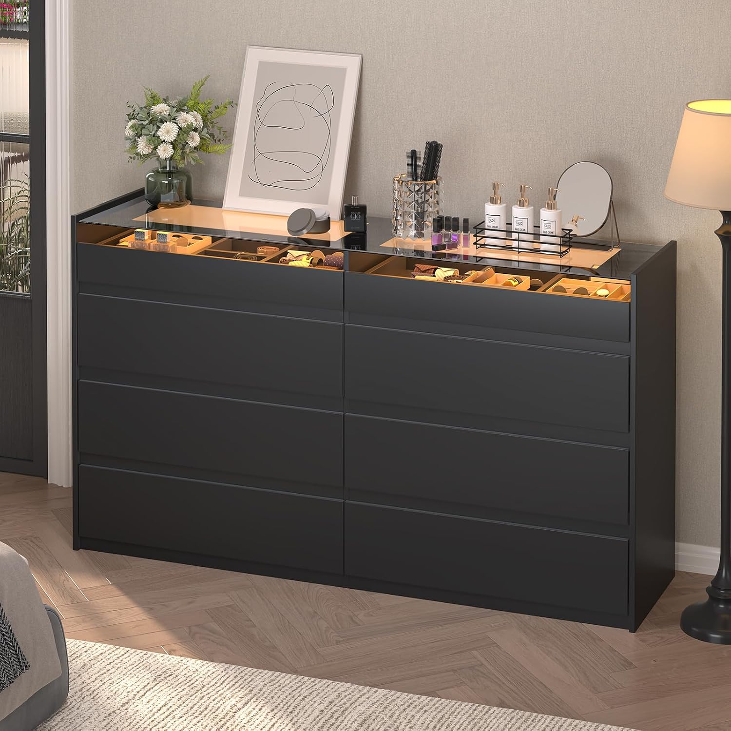 Black 8 Drawer Dresser for Bedroom, Modern Chest of Drawers, Jewelry Dresser Display with Glass Top and LED Light, Dressers Organizer for Bedroom, Closet, Living Room