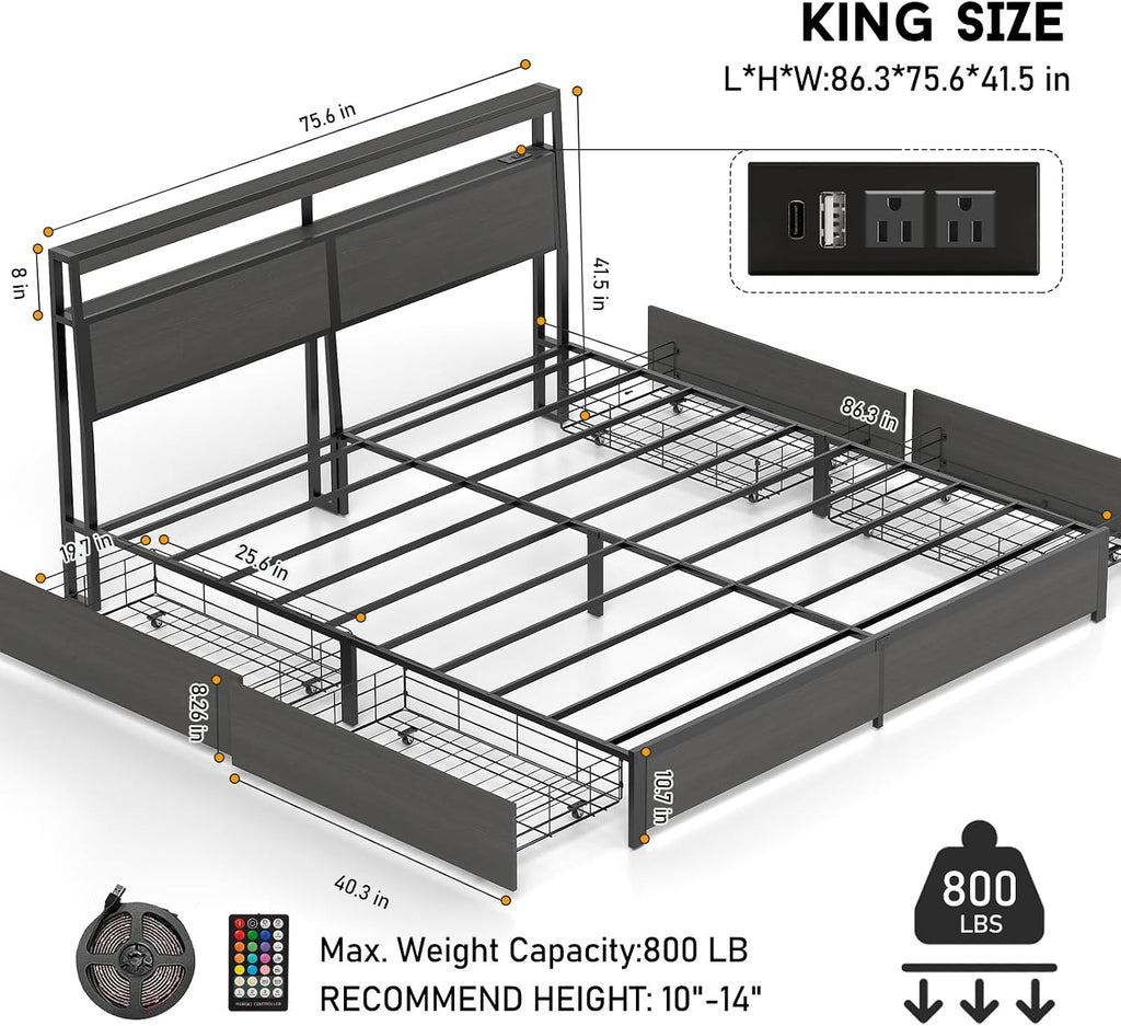 King Bed Frame with 2-Tier Storage Headboard and 4 Drawers, Metal Platform Bed Frame with LED & Charging Station, No Box Spring Needed/Noise Free/Easy Assembly, Rustic Grey