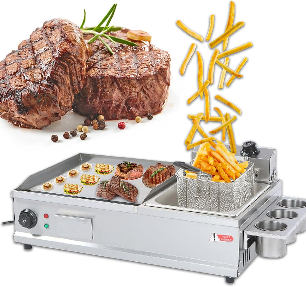 Electric Griddles Outdoor Cooking with Deep Fryer, Commercial Griddles Flat Top Grill with Seasoning Rack, for Fried Bacon, Fried Cheese,Large