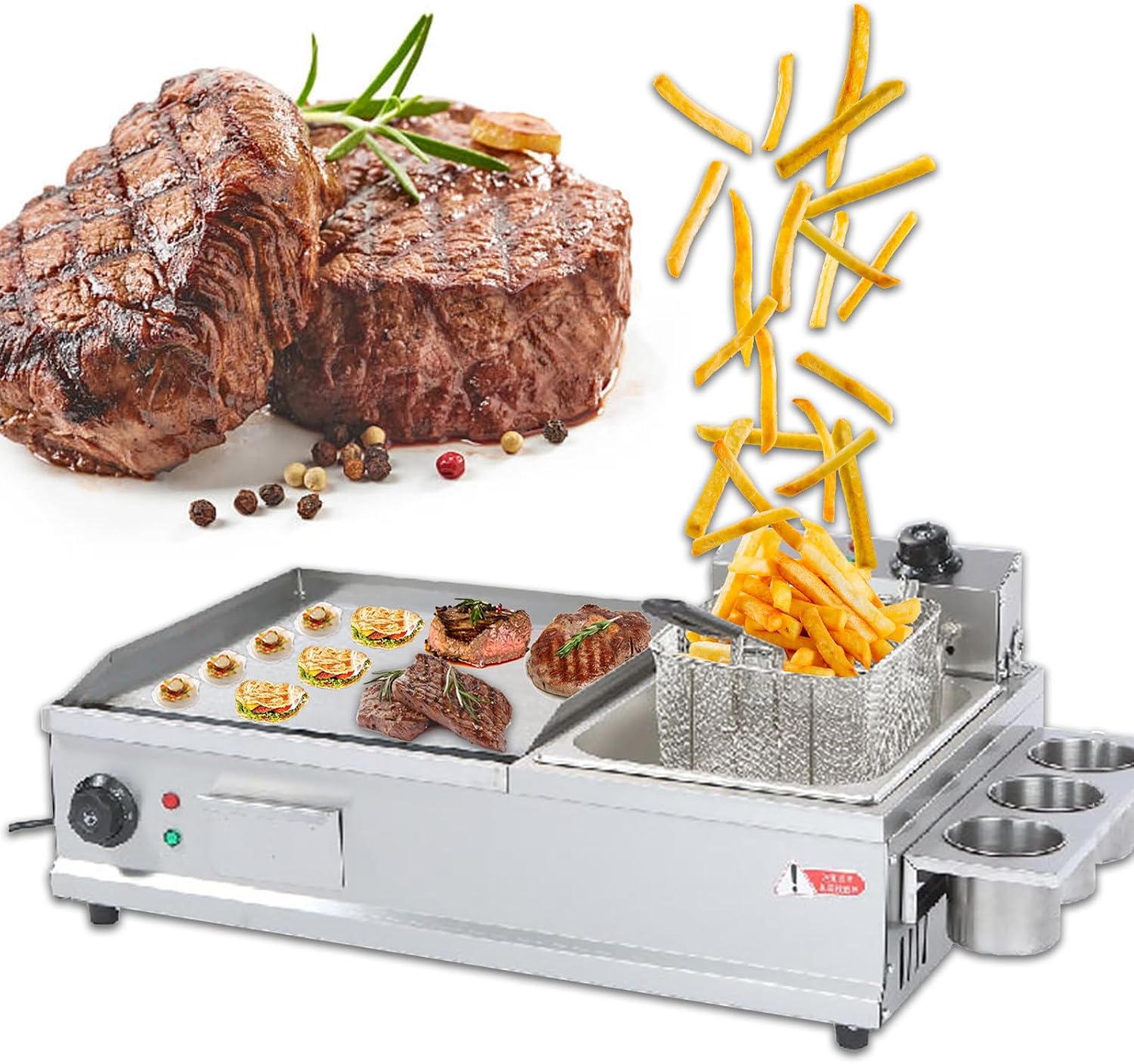 Electric Griddles Outdoor Cooking with Deep Fryer, Commercial Griddles Flat Top Grill with Seasoning Rack, for Fried Bacon, Fried Cheese,Small