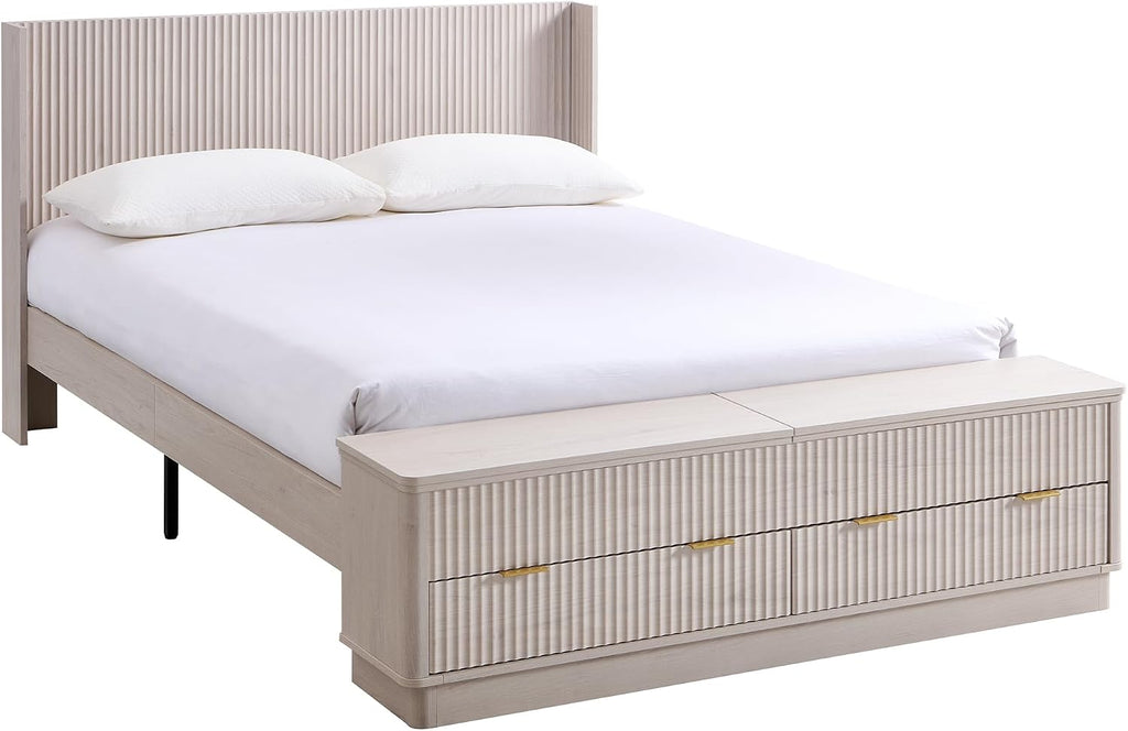 T4TREAM Fluted Queen Size Bed Frame with Wingback Headboard, Footboard Storage Bench with Built-in Drawers & Lift-Up Compartments, Wood & Steel Platform Bed, No Box Spring Needed, White Alder