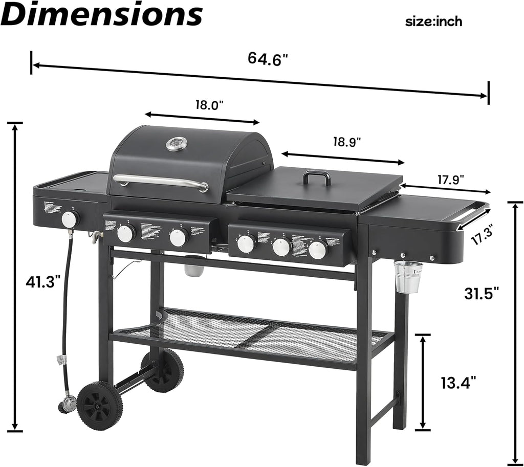 All-in-One Propane Gas Grill with Griddle, 5 Burner 56000 BTU BBQ Grill & Griddle Combo, 751 Sq.Inch Cooking Space, Side Burner & Storage Shelves for Backyard, Patio, Outdoor Cooking