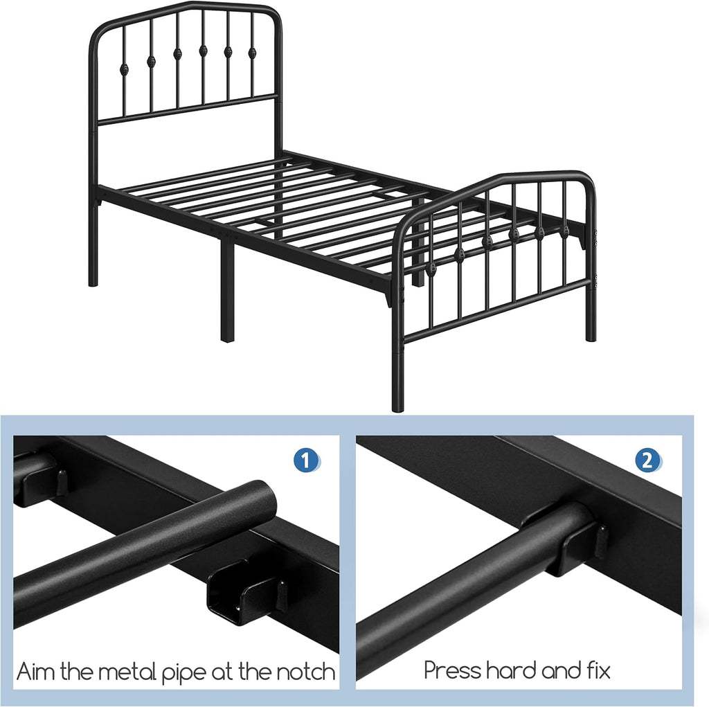 Yaheetech 2pcs Twin Bed Frames Metal Platform Bed with Victorian Style Iron Headboard and Footboard/Easy Assembly/No Box Spring Needed/Matte Black Twin Bed