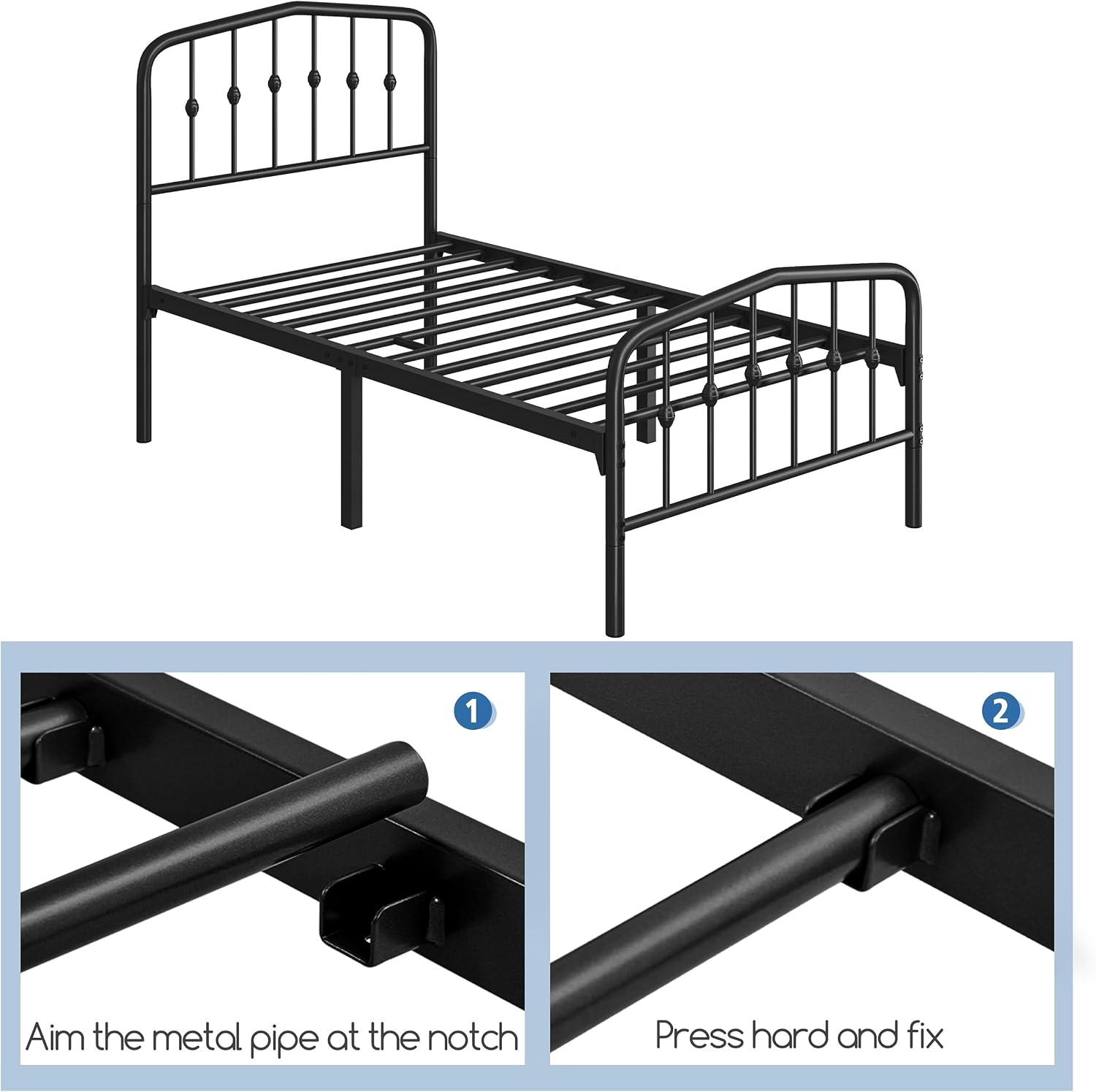 Yaheetech 2pcs Twin Bed Frames Metal Platform Bed with Victorian Style Iron Headboard and Footboard/Easy Assembly/No Box Spring Needed/Matte Black Twin Bed