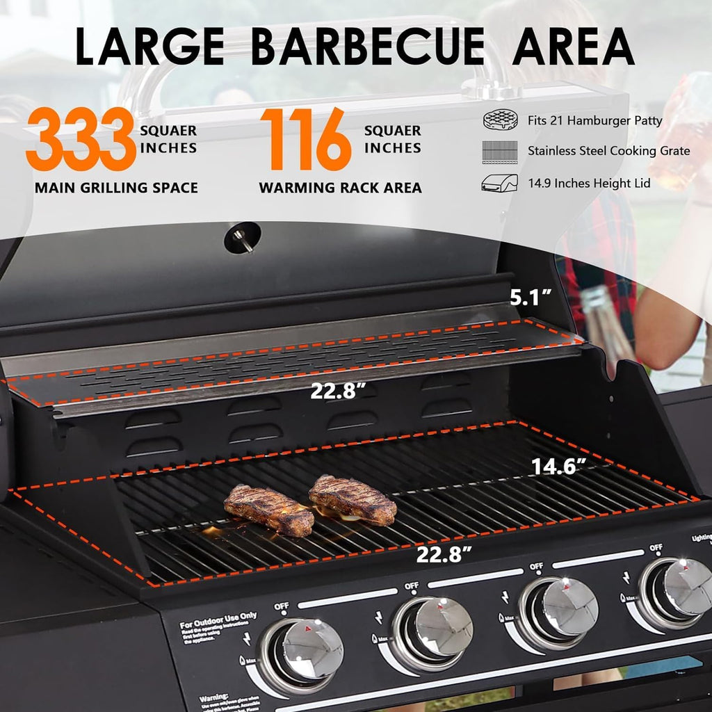 MAGIC UNION 4-Burner Propane Gas Grill with Side Burner, Portable Outdoor BBQ Grill with Wheels, Stainless Steel Grates, Side Tables & Spice Rack, 50000 BTU for Patio (4 Burner Grill)