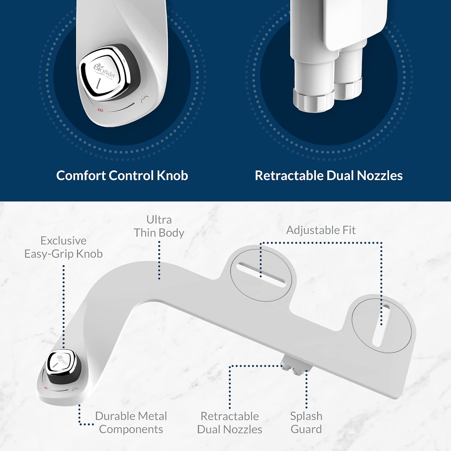 Bio Bidet by Bemis SlimEdge 2-Pack of Freshwater Attachments, White, Non-Electric & BEMIS 500EC 390 Toilet Seat with Easy Clean & Change Hinges, 1 Pack Round, Cotton White