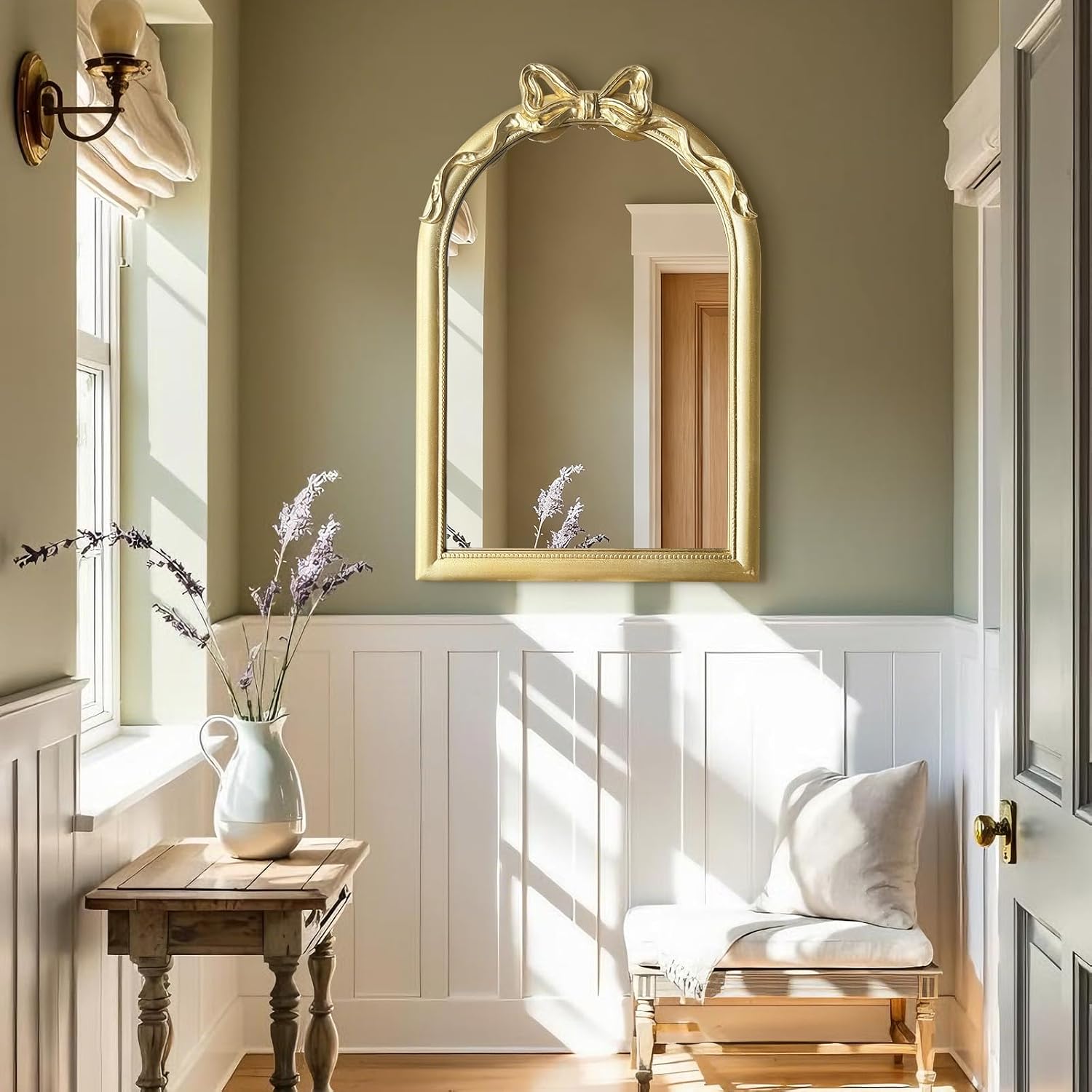 36x24 Arched Gold Bow Wall Mirror, Vintage Vanity Mirror for Bathroom & Bedroom Decor, Antique French Style Engineered Wood Frame with Ribbon Knot, Cute Coquette Aesthetic