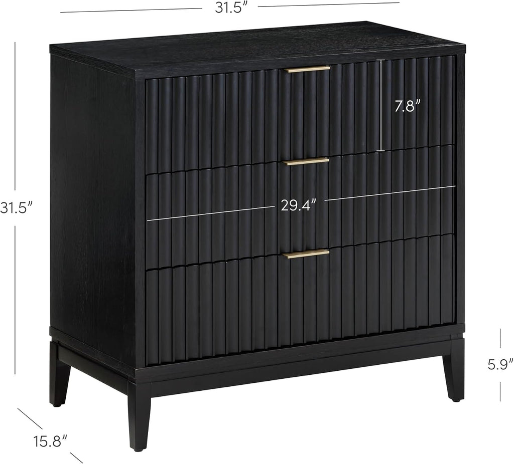 Nathan James Jasper 3 Drawer, Bohemian Fluted, Solid Wood for Nursery, Small Dresser for Bedroom, Black Oak