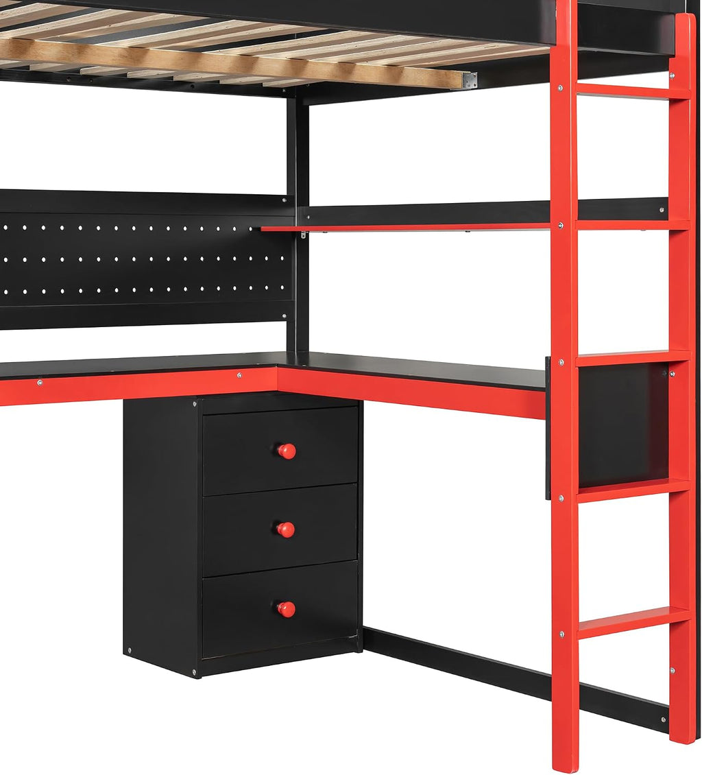 Ball & Cast Gaming Full Size Loft Bed with Storage Stairs,Wood Gamer Loft Bed Frame W/Desk,Shelves and Pegboard,High Loft Bed W/Full-Length Guardrail,Bedroom Furniture for Student Dorms,Black+Red