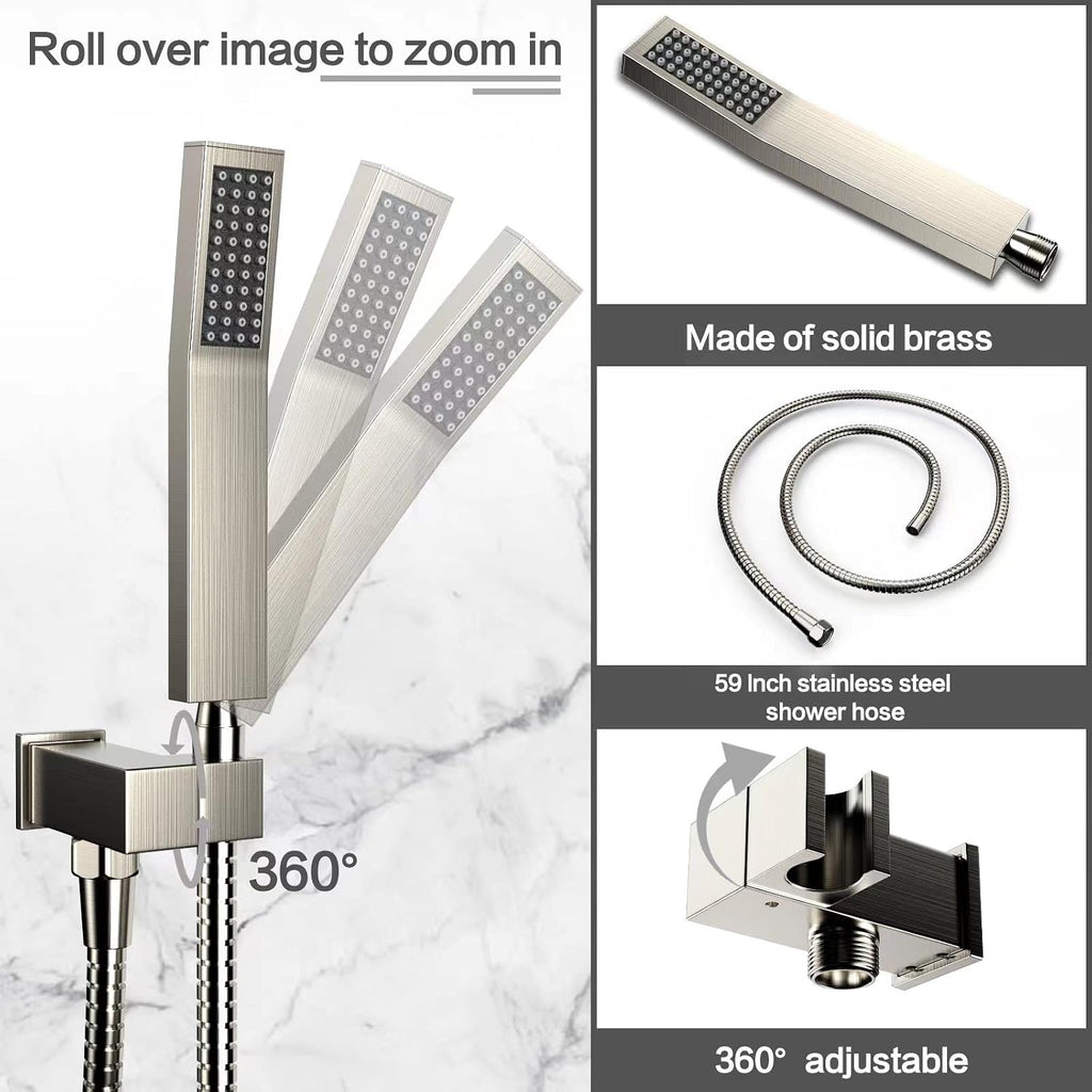 Rain Shower System 12 inch Shower Faucet Set with Tub Spout,Bathroom Wall Mounted Waterfall Shower Head Faucet Sets Complete with Handheld Spray,Rough-in Valve Body and Trim kit,Brushed Nickel