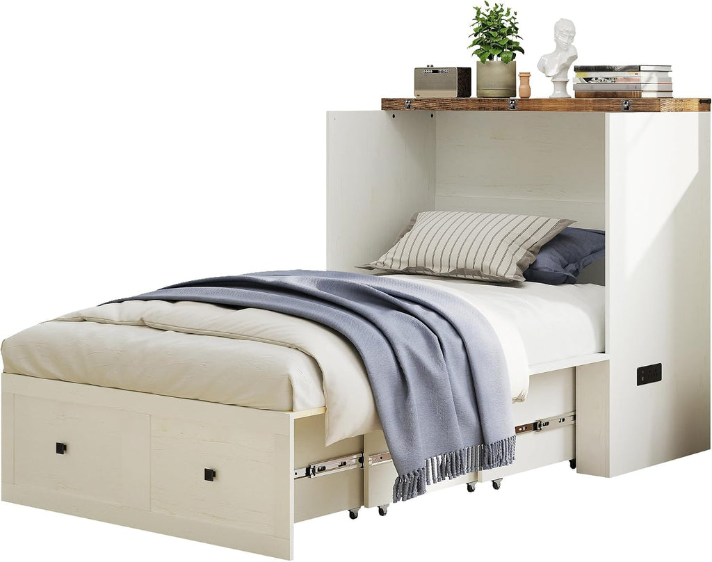 LUXOAK Twin Murphy Bed with Built-in Charging Station and Storage Drawer, Farmhouse Foldable Cabinet Bed for Guest Room, Apartment or Home Office, White