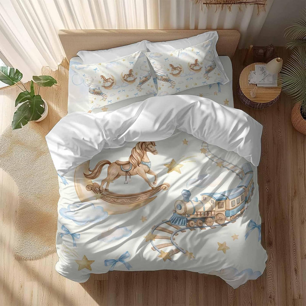 Horses Stars Duvet Cover Set Queen Size 4 Pieces Trains Rail Orbits Cloud Moon Blue Bow Yellow Bedding Set with Zipper Closure, 1 Comforter Cover 90x92 Inches 1 Flat Sheet & 2 Pillow Cases