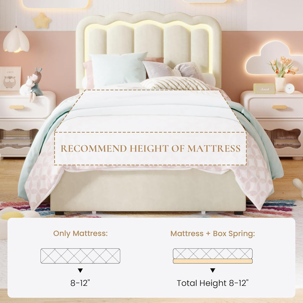 SHA CERLIN Upholstered Twin Size Bed Frame with LED Lights and Large Storage Drawer, Velvet Platform Bed with Adjustable Wavy Headboard, Noise Free, Easy Assembly, No Box Spring Needed, Soft Cream
