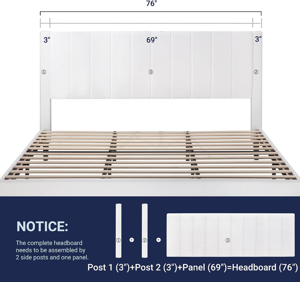 Allewie King Bed Frame/Velvet Upholstered Bed Frame with Vertical Channel Tufted Headboard/Strong Wooden Slats/Platform Bed Frame/Mattress Foundation/Box Spring Optional/Easy Assembly/White