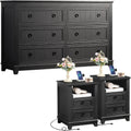 Joaxswe Farmhouse Furniture Set, Nightstands Set of 2 and 6 Drawers Dresser for Bedroom, 54 Inch Wide Wood Dresser and 18' Night Stands with Charging Station for Bedroom, Living Room, Hallway