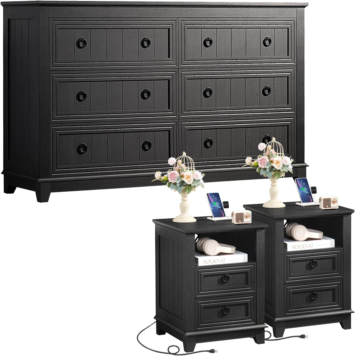 Joaxswe Farmhouse Furniture Set, Nightstands Set of 2 and 6 Drawers Dresser for Bedroom, 54 Inch Wide Wood Dresser and 18' Night Stands with Charging Station for Bedroom, Living Room, Hallway