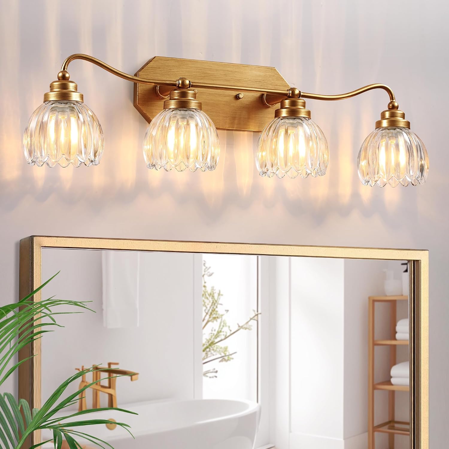 Vintage Bathroom Light Fixtures, 4 Light Gold Bathroom Vanity Light, Matte Antique Brass Finish with Crystal Glass Shade, Wall Sconces Lighting for Bedroom, Living Room, Hallway
