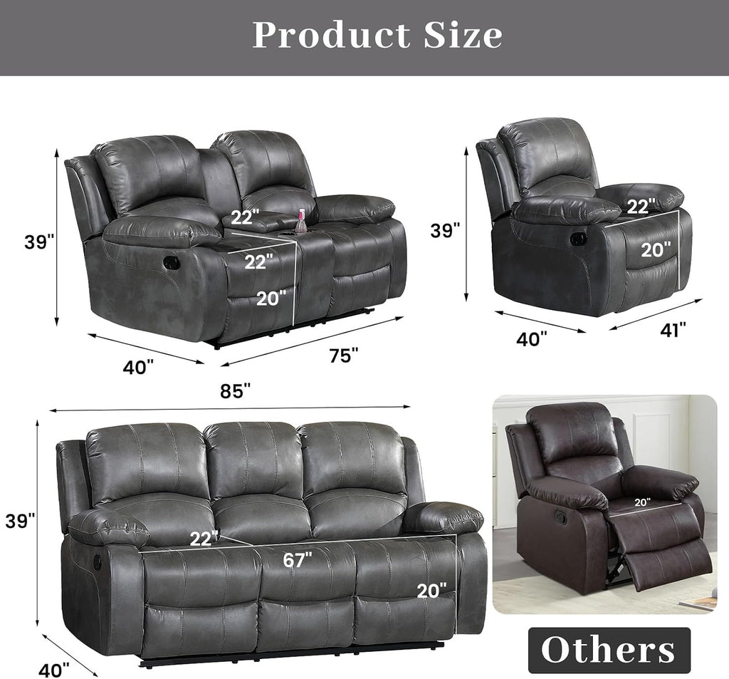 Betsy Furniture 3PC Faux Leather Reclining Couch Set, Living Room Furniture Set, Sofa, Loveseat, Glider, 8018 Multiple Colors (Gray, Sofa+Loveseat+Chair) | 8018