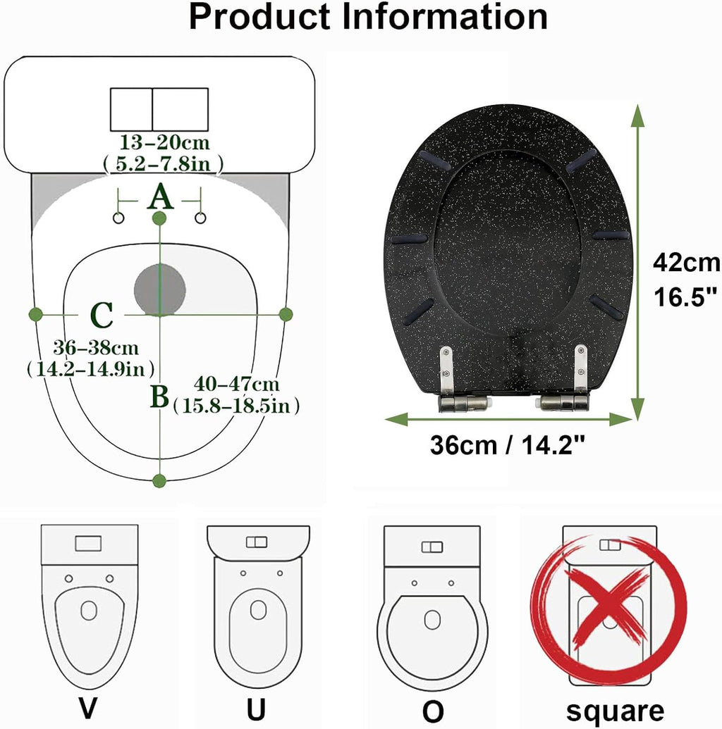 Sparkly Resin Toilet Seat, Resin Toilet Seat Round Toilet Seat, Thicken Toilet Seat, Slow Close, Toilet Lid Easy to Clean & Install (Black)