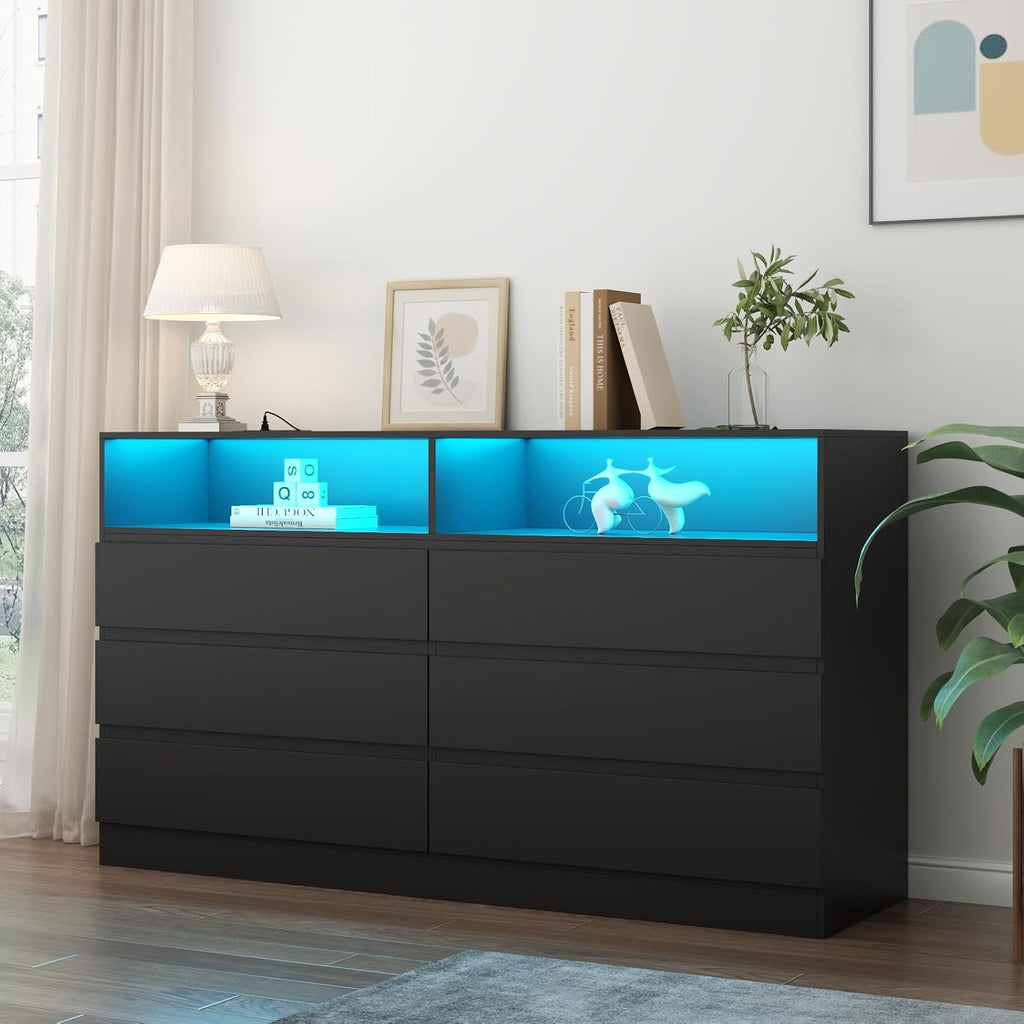 Gyfimoie 6 Drawer Double Dresser with Power Outlet, Accent Chests of Drawers with LED Light, Modern White Storage Dresser with Charging Station (Mirror Not Included)