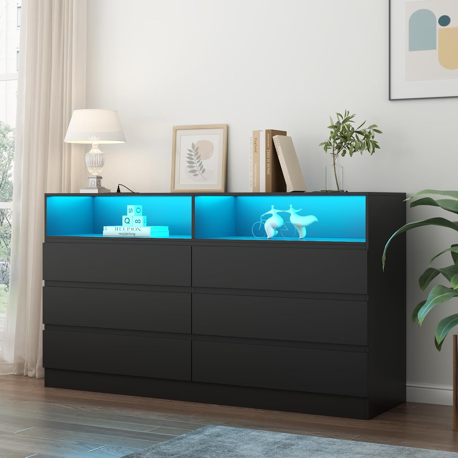Gyfimoie 6 Drawer Double Dresser with Power Outlet, Accent Chests of Drawers with LED Light, Modern White Storage Dresser with Charging Station (Mirror Not Included)