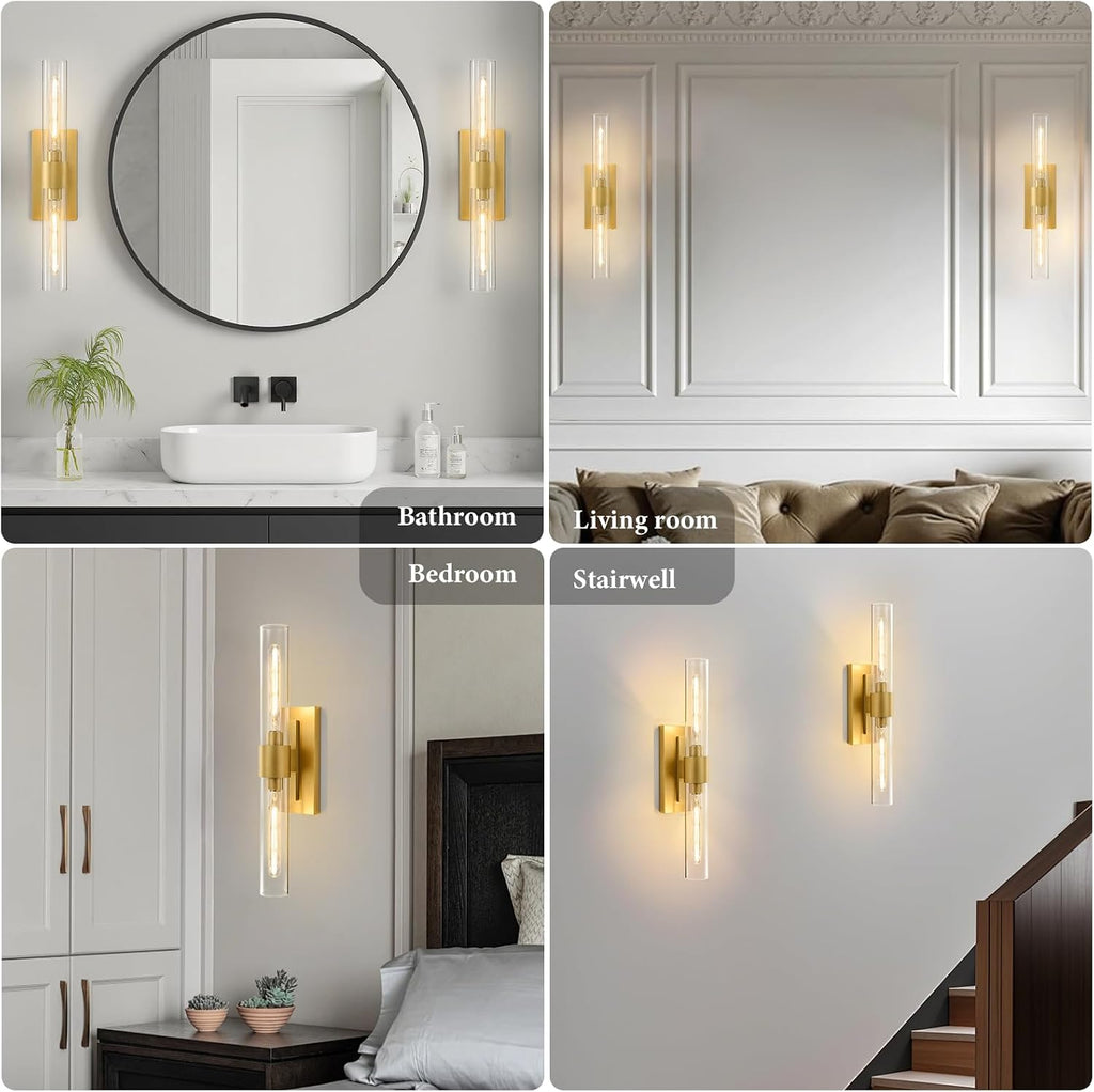 Champagne Brass Bathroom Wall Sconce - Set of 2 Modern Gold Light Sconces - Clear Glass Tube Vanity Lights - Vertical or Horizontal Mounted Dimmable Lighting Fixtures for Indoor Living Room Hallway