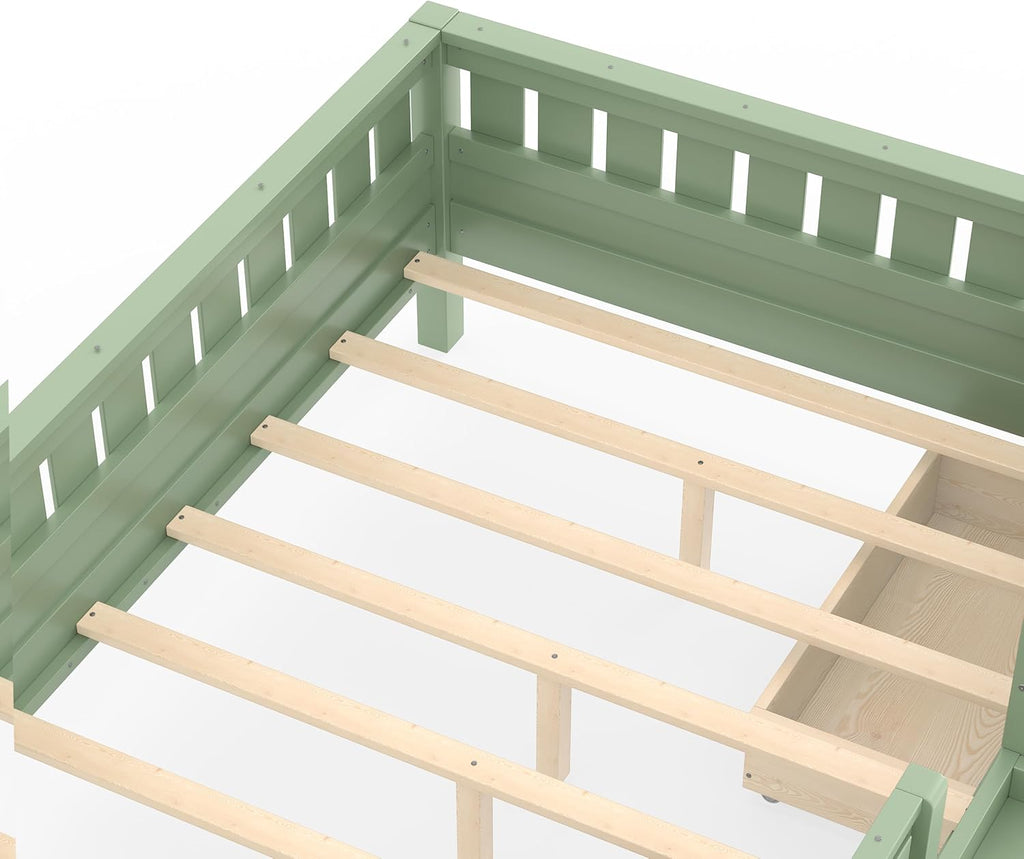 Bellemave Full Size Montessori Bed with Stairs, Rails and Slats, Full Size Montessori Floor Bed with Bookshelf and 2 Storage Drawers, Easy Assemble Beds Frame for Girls, Boys, Avocado Green